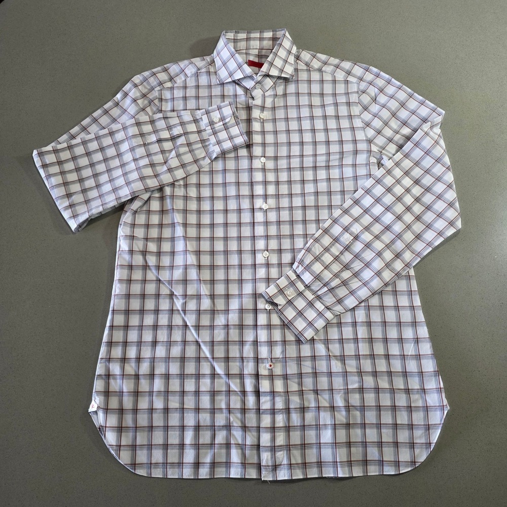 Isaia Napoli Mens Plaid Button Down Shirt White Brown Grey Spread Collar Italy L